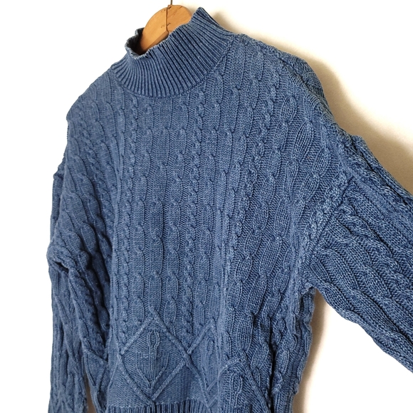 Blue cable knit distressed High mock turtleneck sweater - Picture 3 of 6